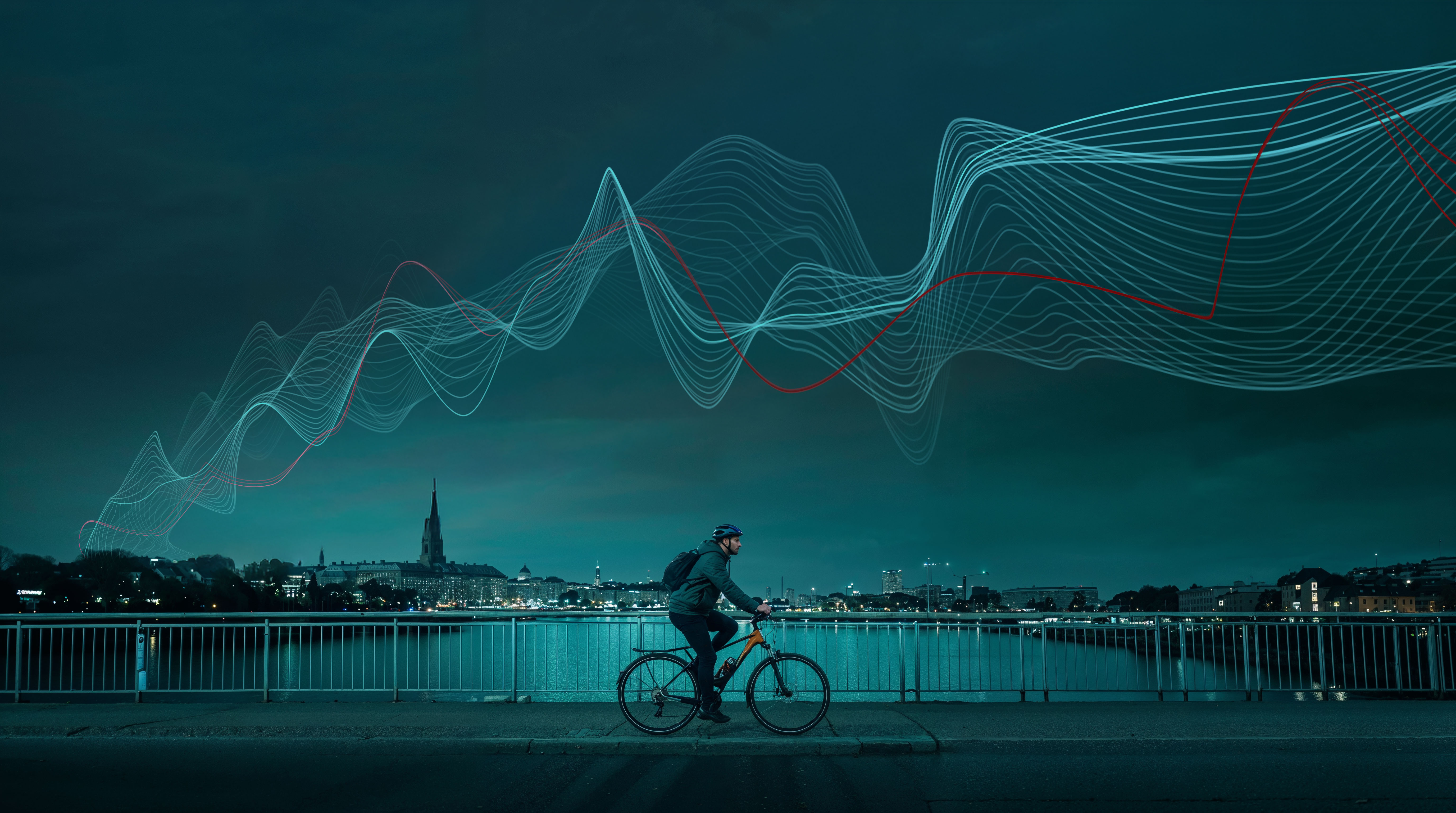 A man biking over a bridge, with a data stream in the sky representing the evolution of AI and what it is bringing to the public sector.